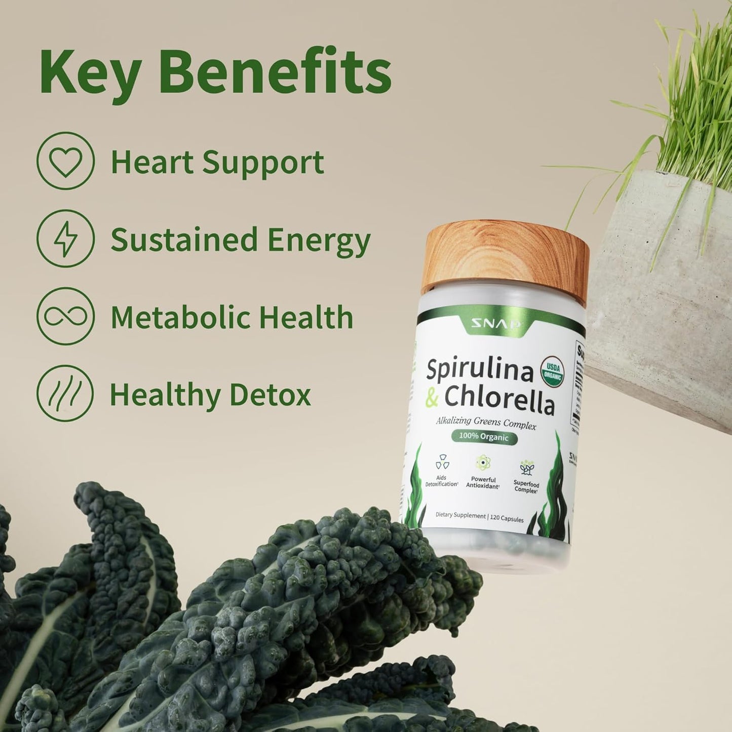 Snap Spirulina + Chlorella Alkalizing Greens Complex Dietary Supplement - 120 Capsules