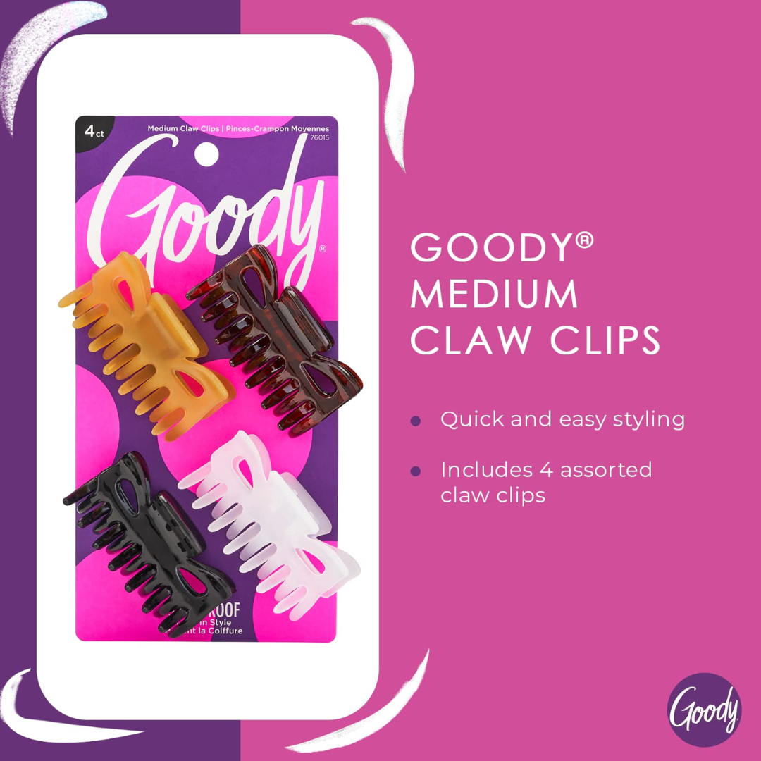 Goody SlideProof Medium Claw Hair Clips, 4 Count