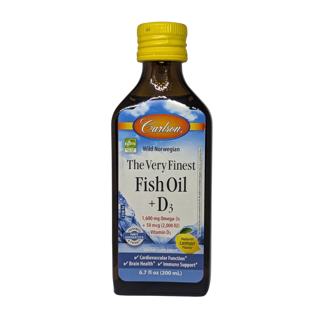 Carlson The Very Finest Fish Oil + D3 1600mg Omega-3s + 50mcg 2000IU Vitamin D3, Natural Lemon, 6.7 fl. oz / 200 ml