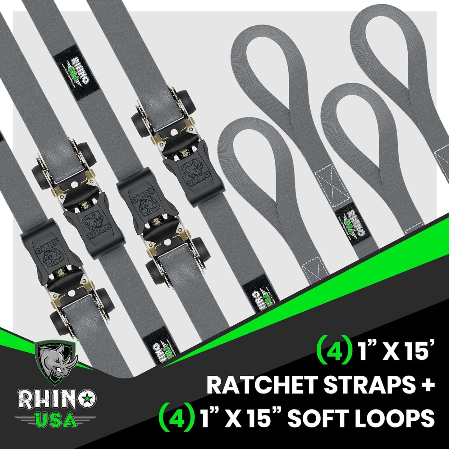 Rhino USA Medium Duty Ratchet Tie-Down Set, 4 Ratchet Straps and 4 Soft Loops