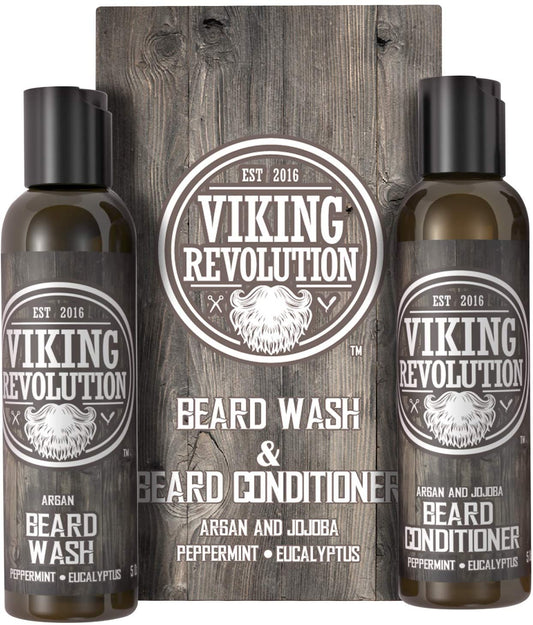 Viking Revolution Beard Wash & Beard Conditioner Set, Natural Peppermint & Eucalyptus Scent, 5 oz.
