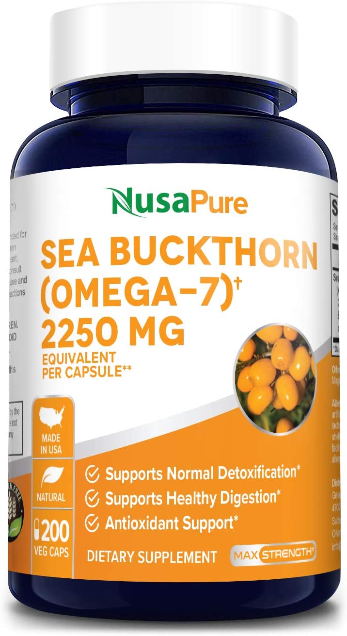 NusaPure Sea Buckthorn Omega-7, Healthy Digestion, Antioxidant,Dietary Supplement 2250mg 200vegacaps
