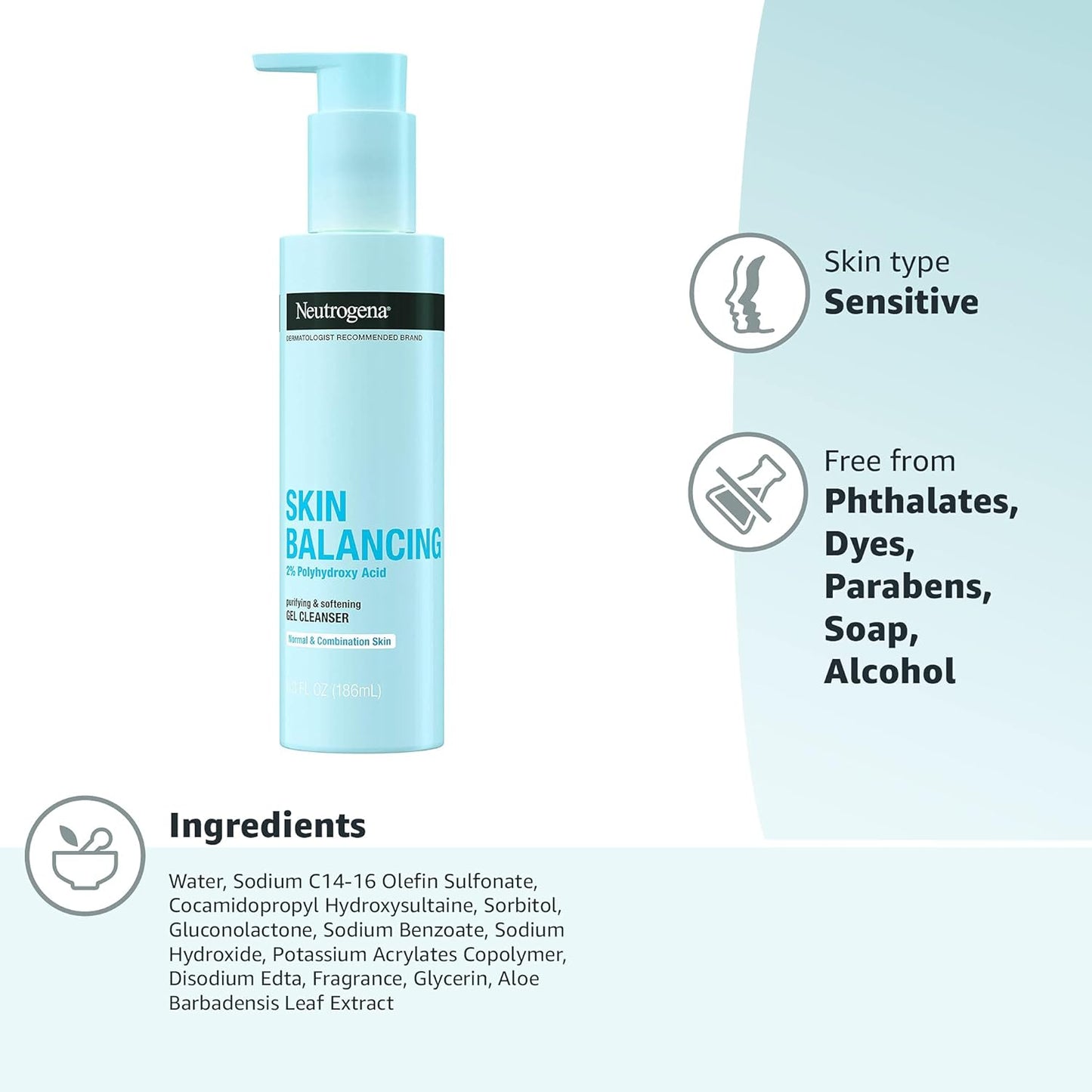 Neutrogena Skin Balancing  Purifying & Softening Gel Cleanser, Normal And Combination Skin, 6.3 fl oz / 186mL