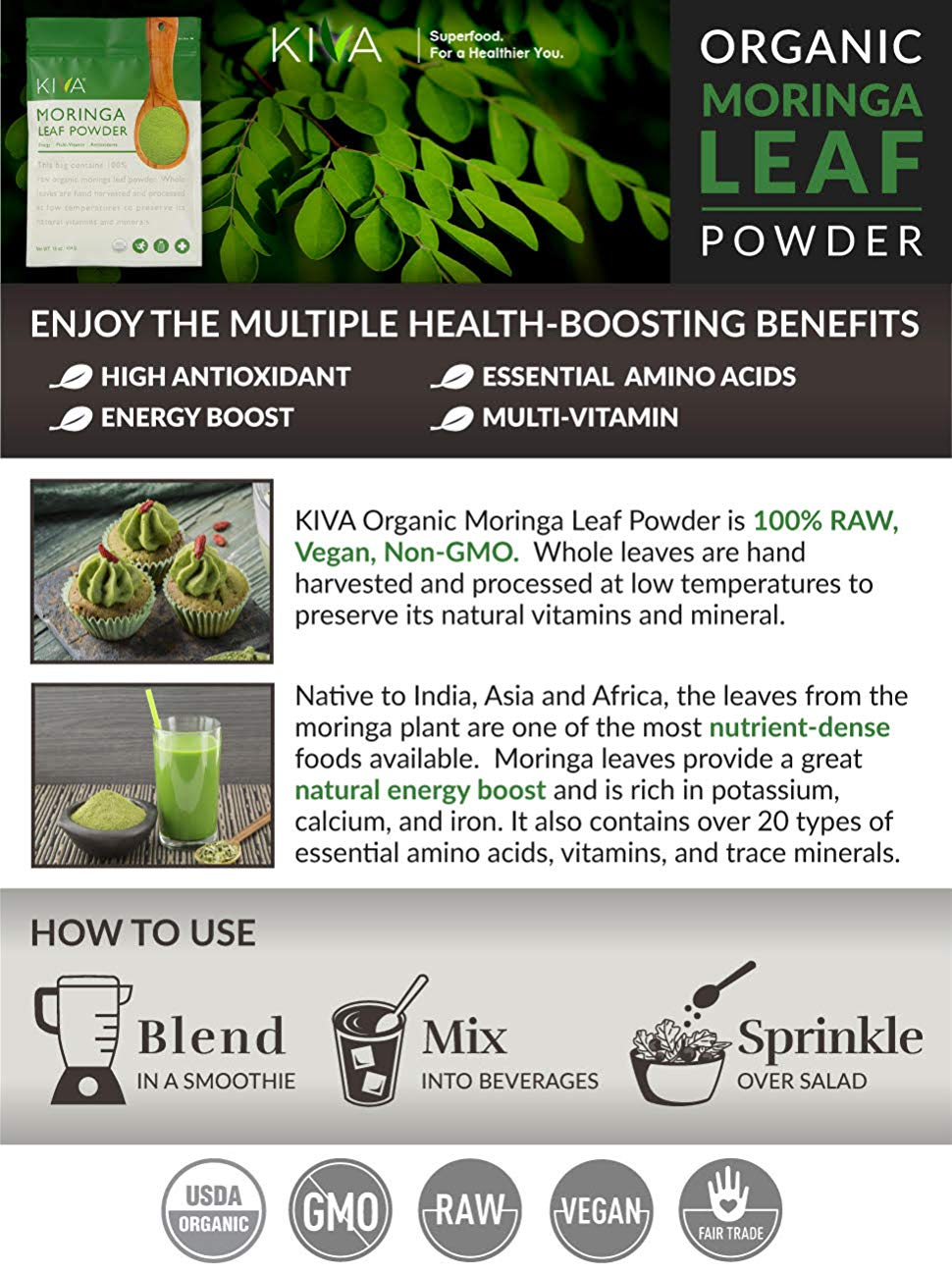 Trial Size KIVA Moringa Leaf Powder  2oz per 56grams