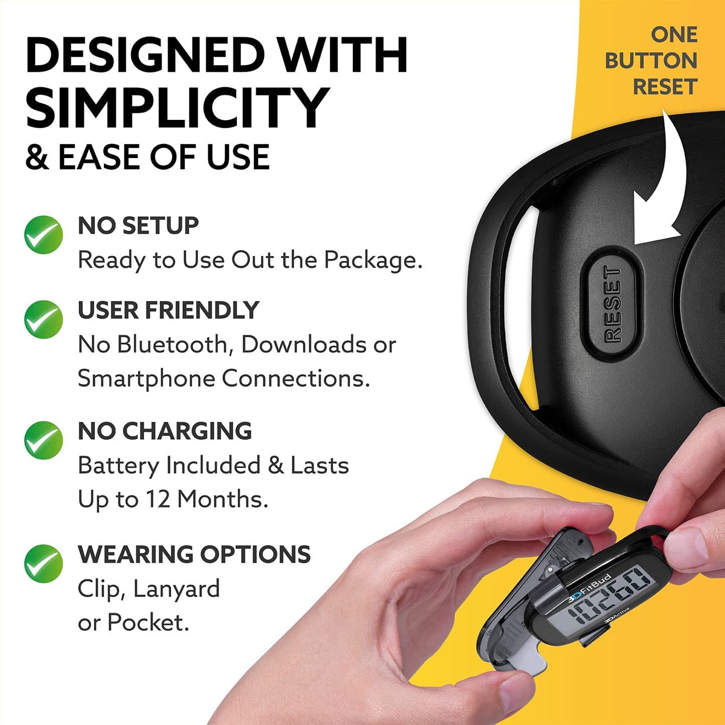 3DFitBud Simple Step Counter (A420S) Walking 3D Pedometer with Clip and Lanyard, Black by 3DActive