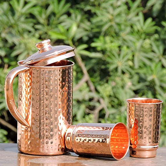 Health Goods In Pure Copper Hammered Water Jug, 2 Hammered Copper Tumblers, Copper Pitcher 1.5 L