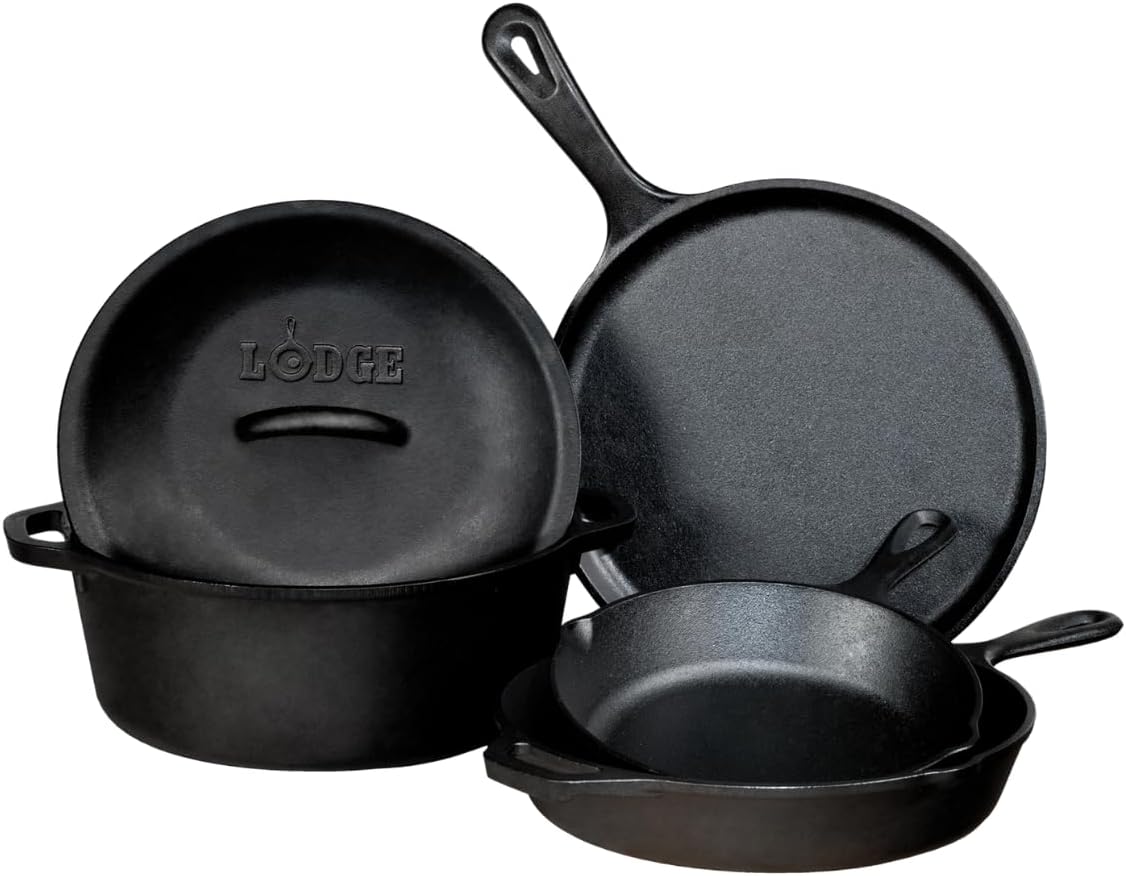 LODGE 5 Piece Cast Iron Set, 10.5" Griddle, 8" Skillet, 10.25" Skillet, 10.25" Dutch Oven, and 10.25" Lid