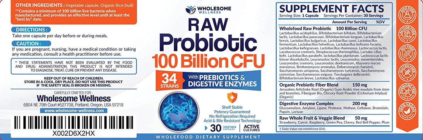 Wholesome Wellness Probiotics 100 Billion CFU for Men and Women with Prebiotics & Digestive Enzymes, 30 Capsules