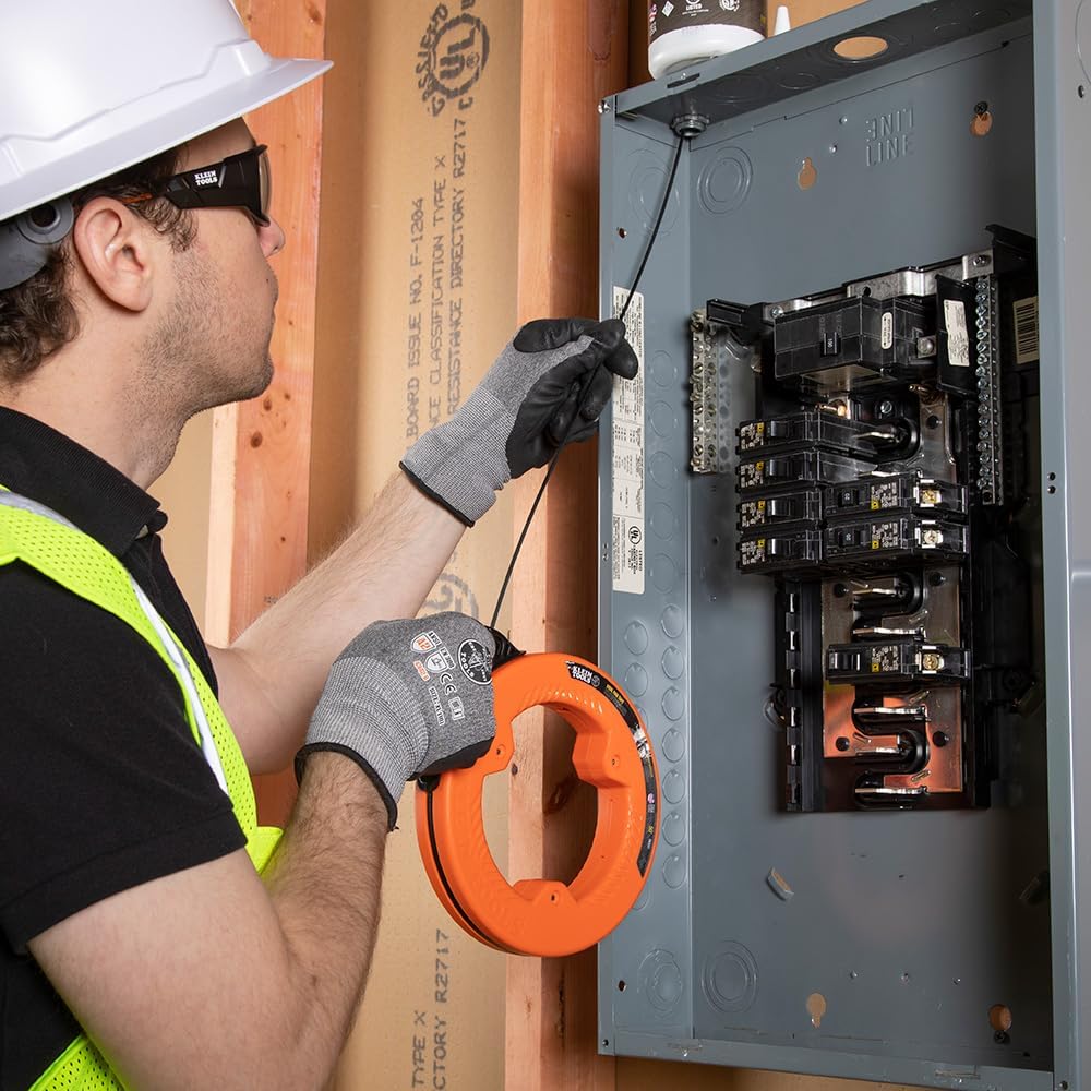 Klein Tools 50 Foot Electrical Fish Tape Steel Wire Puller with Double Loop Tip Optimized with Housing and Handle (56331)