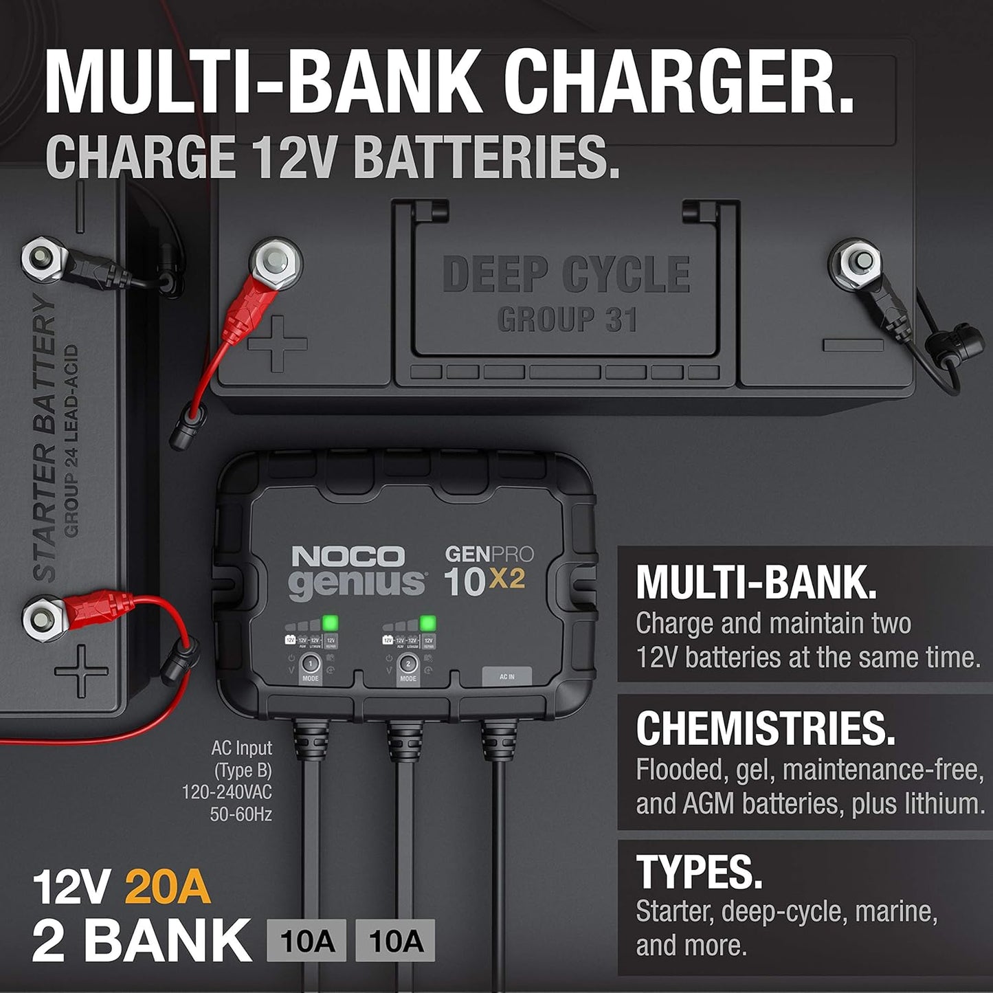 NOCO Genius GENPRO10X2 12V 20A 2-Bank On Battery Charger