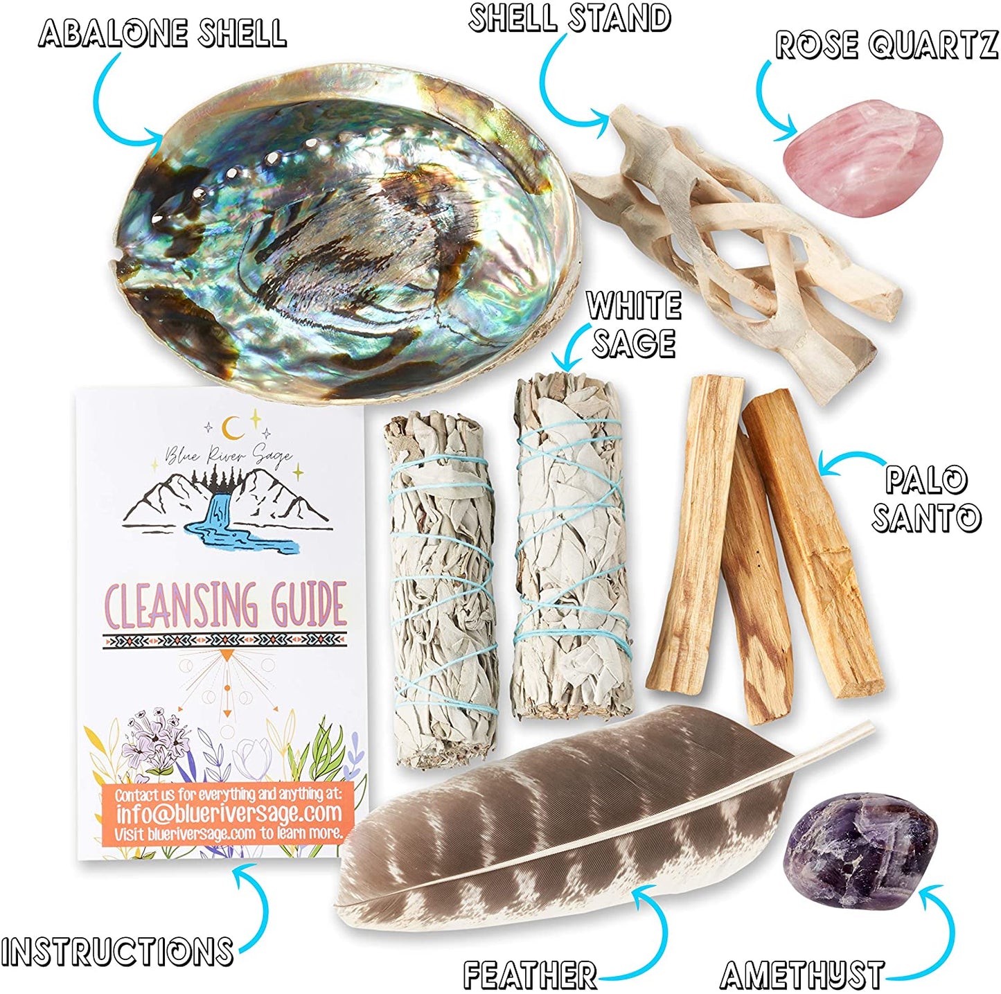 Blue River Sage Home Cleansing & Smudging Kit with White Sage, Palo Santo, Abalone & Stand, Smudge Feather & Guide