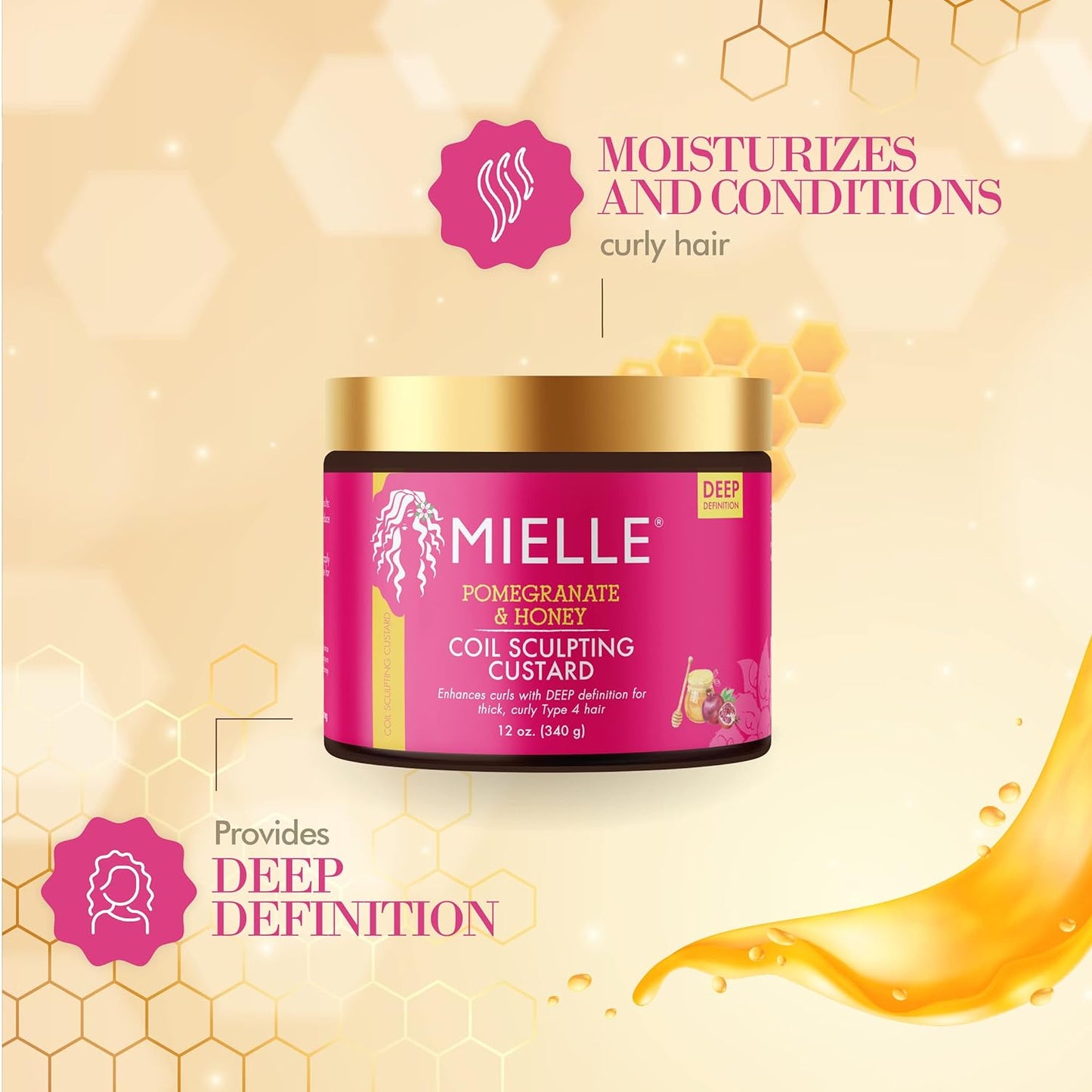 Mielle Pomegranate & Honey Coil Sculpting Custard Enhances Curl Hair 12 oz / 340g