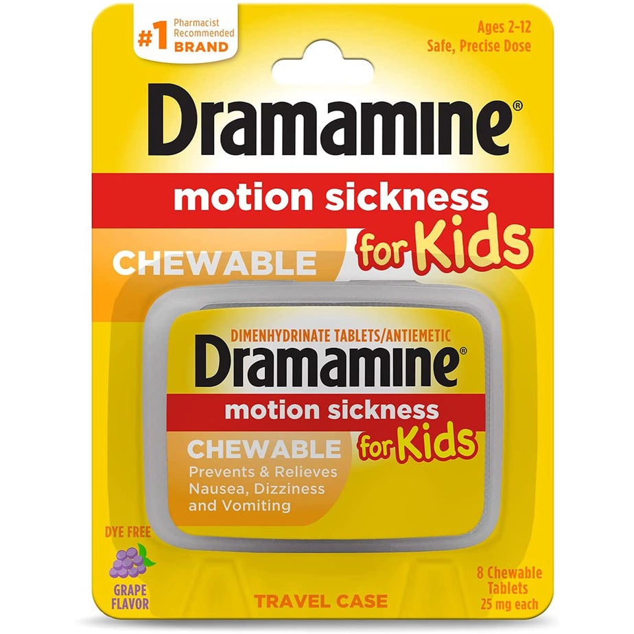 Dramamine Motion Sickness Relief for Kids, Grape Flavor, 8 Chewable Tablets PACKAGING MAY VARY