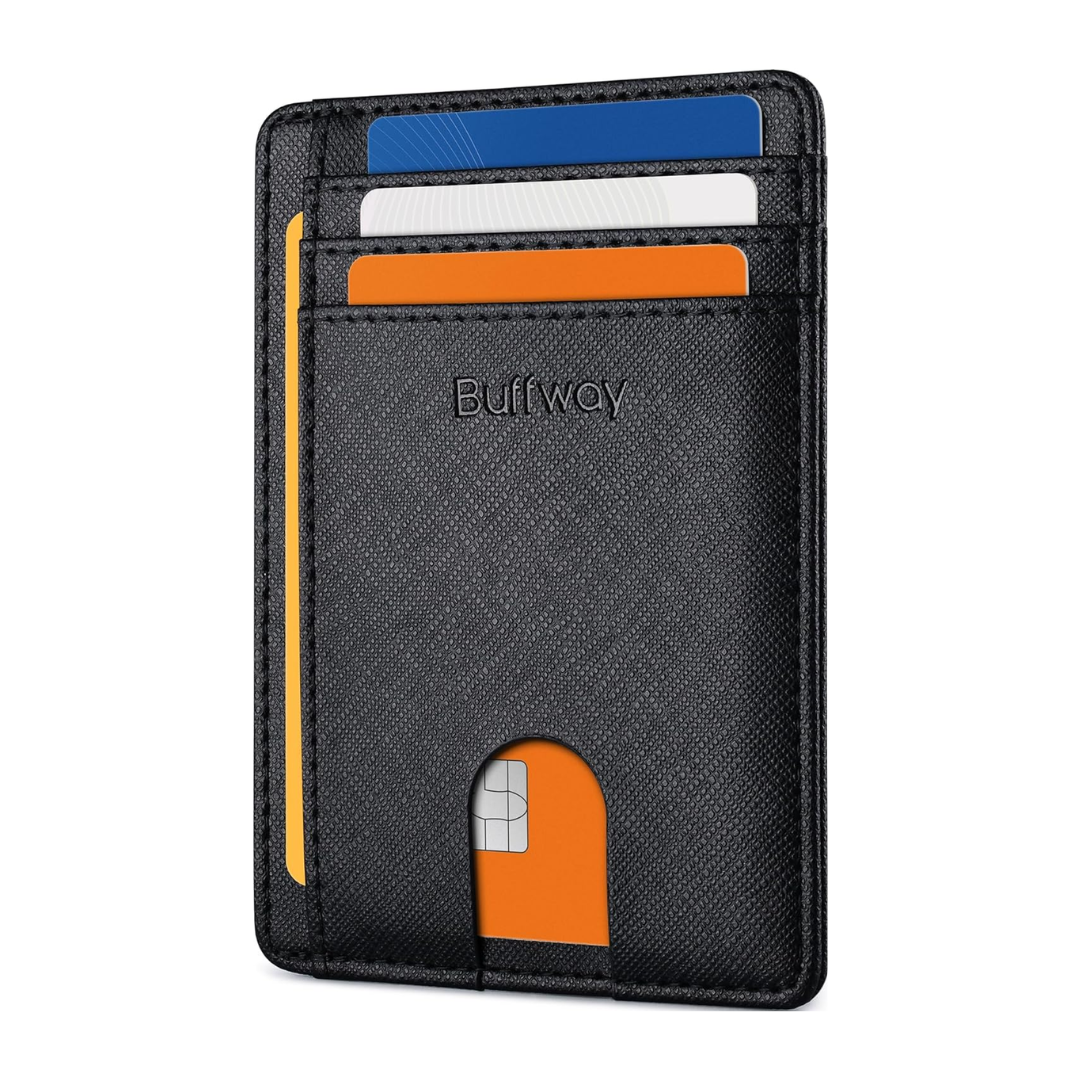 Buffway Slim Minimalist RFID Blocking Leather Wallet, Cross Black