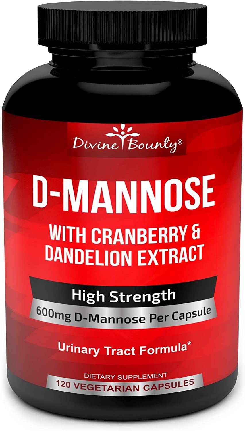 Divine Bounty D-Mannose with Cranberry & Dandelion Extract 600 mg, 120 Vegetarian Capsules Support Normal Urinary Tract Health