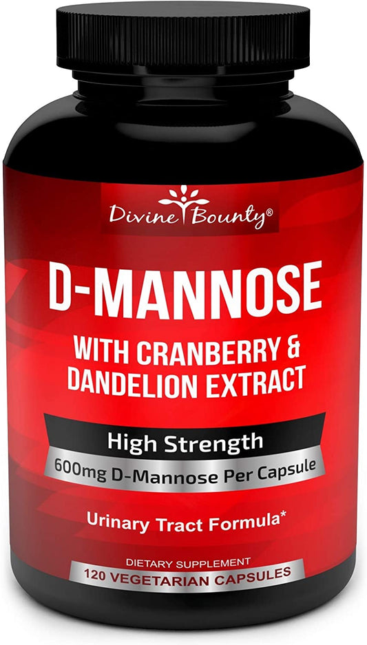 Divine Bounty D-Mannose with Cranberry & Dandelion Extract 600 mg, 120 Vegetarian Capsules Support Normal Urinary Tract Health