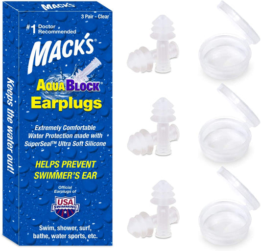 Mack's AquaBlock Swimming Earplugs (Clear) 3 Pairs