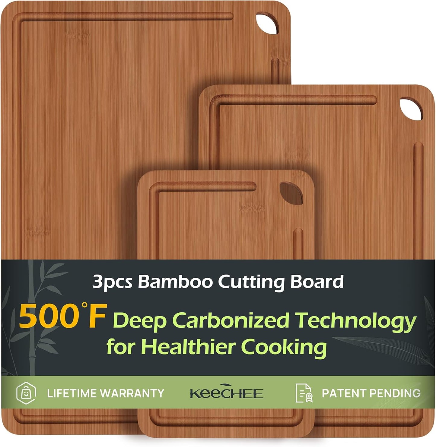 KeeCHEE Bamboo Cutting Board For Kitchen With Deep Juice Grooves & Built-In Handles, 3 Count ( Brown )