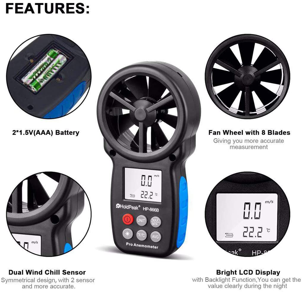 HOLDPEAK 866B Digital Anemometer Handheld Wind Speed c