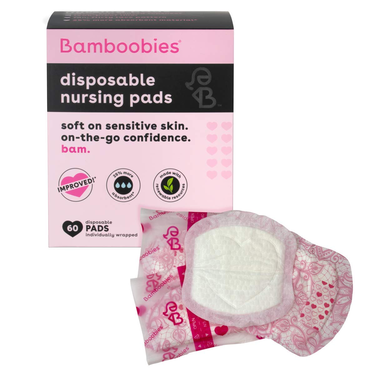 Bamboobies Nursing Pads for Breastfeeding, 60 Count, Disposable Breast Pads for Sensitive Skin, Super-Absorbent Milk Proof Pads, Perfect Baby Shower Gifts (Packaging may vary)
