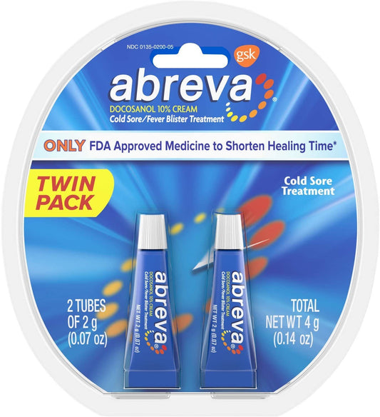 Abreva Cold Sore Treatment 10% Cream Tube (2 g) Pack of 2