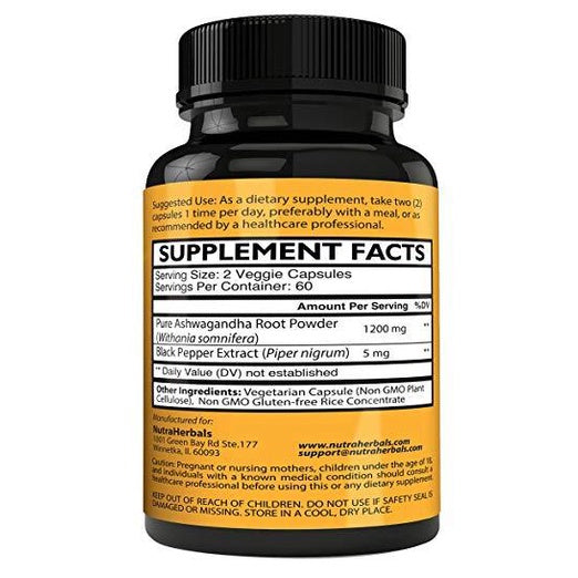 NutraHerbals Organically Ashwagandha with Black Pepper Extract 1200mg (120 Vegetarian Capsules)