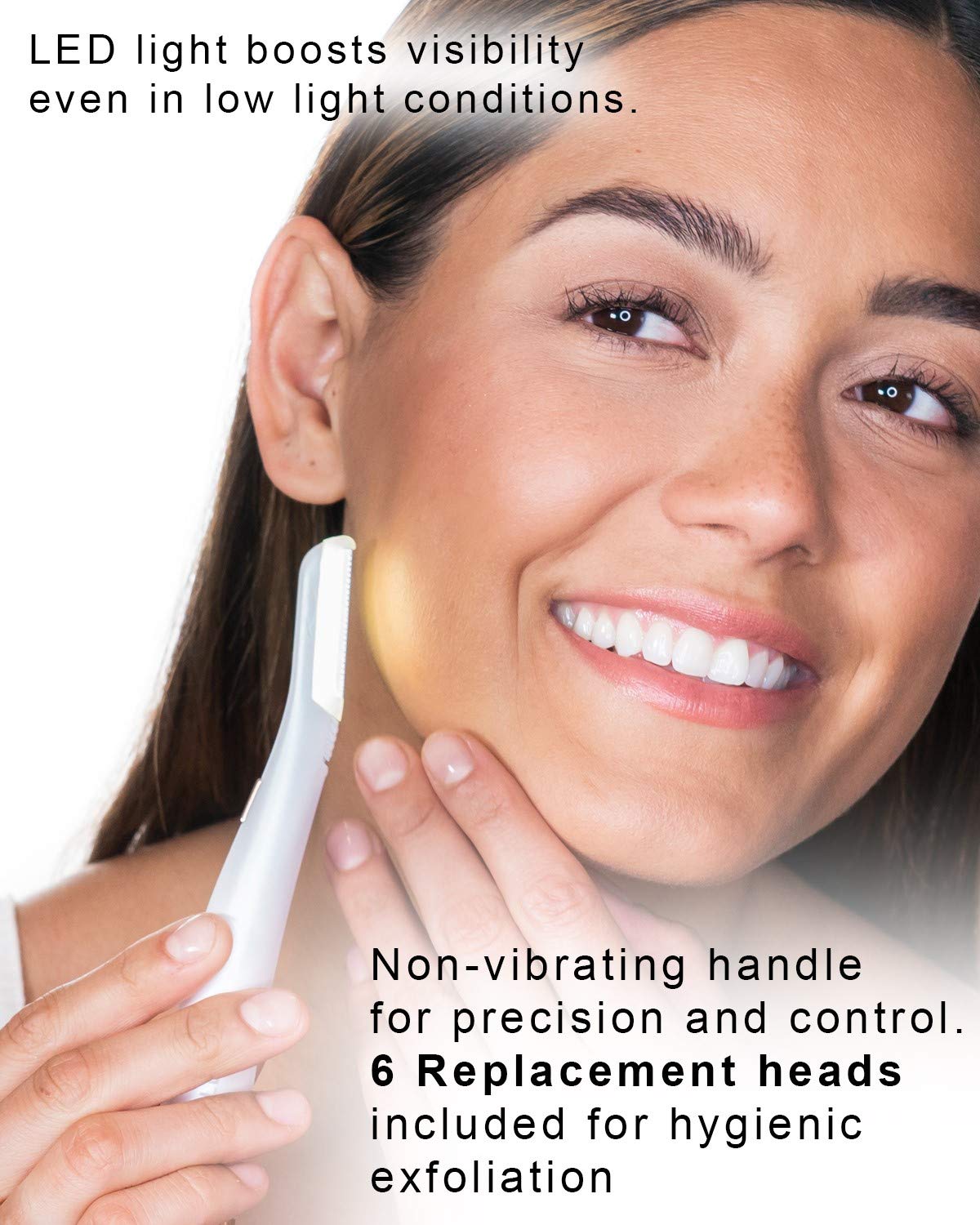 Finishing Touch Flawless Dermaplane Glo Lighted Facial Exfoliator and Hair Remover Bright LED Light with 6 Replacement Heads