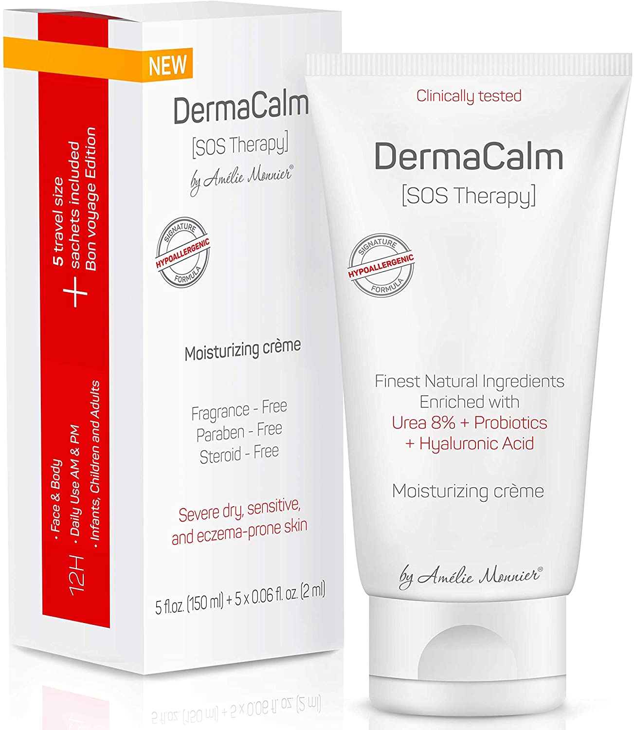 Amelie Monnier DermaCalm (SOS Therapy) Moisturizing Cream with 8% Urea, Probiotics & Hyaluronic Acid, 5 fl.oz / 150ml
