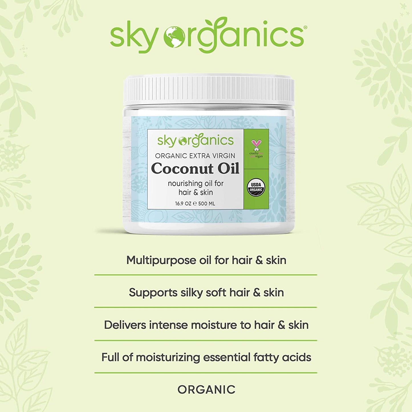 Sky Organics Organic Extra Virgin Coconut Oil Nourishing Oil for Hair & Skin, 16.9 oz. / 500ml