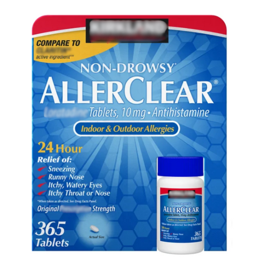 Kirkland Signature Non-Drowsy AllerClear 10mg Tablets For Relief of Throat And Nose 365 Count