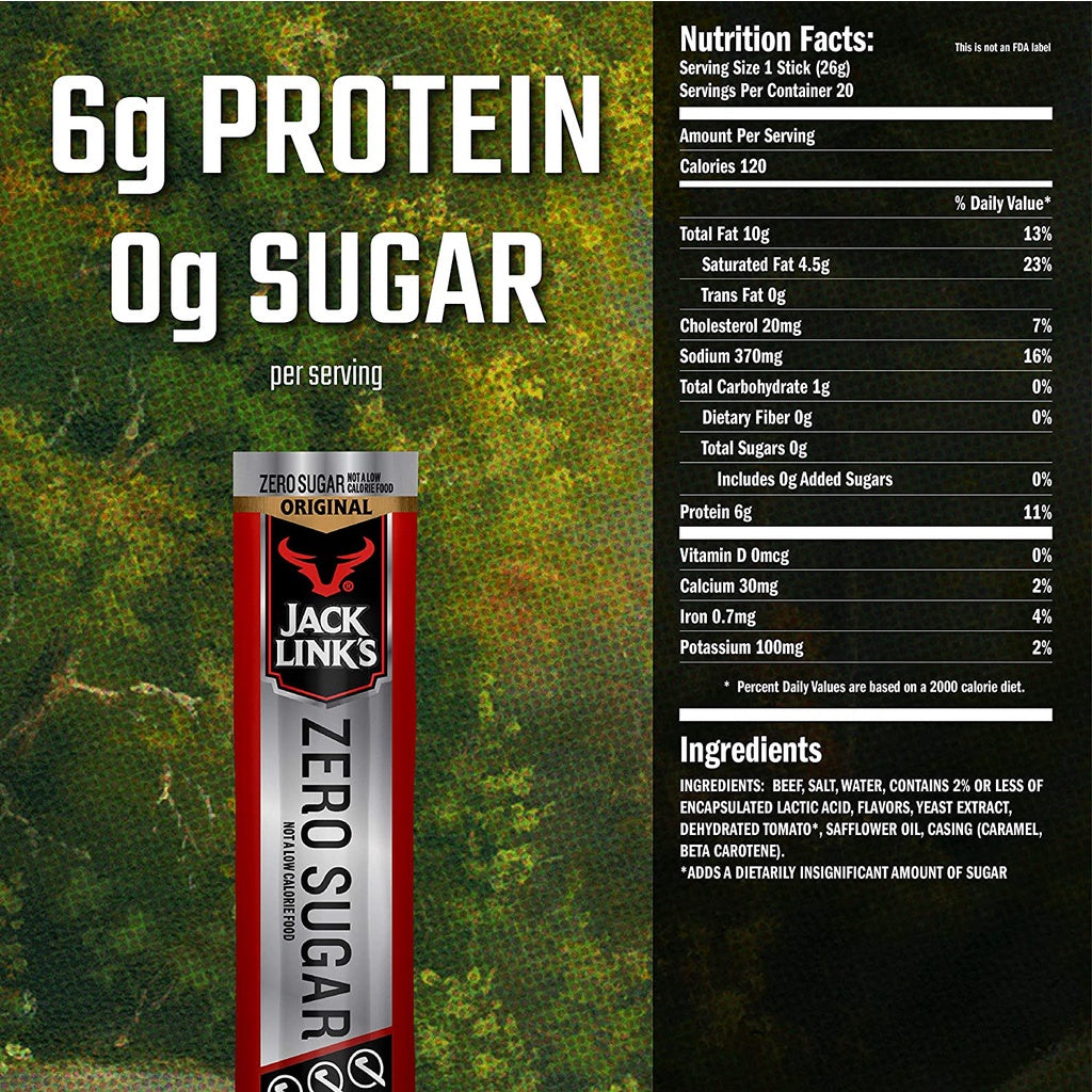 Jack Link's Beef Sticks Zero Sugar, Meat Stick with 6g of Protein Made with 100% Beef, 20 Count PACKAGING MAY VARY