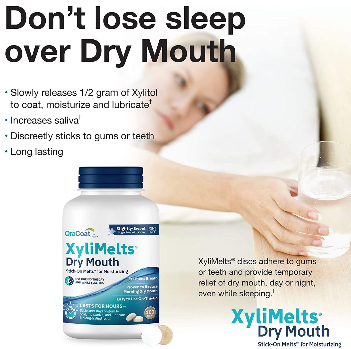 OraCoat XyliMelts Dry Mouth Stick-On-Melts for Moisturizing Slightly Sweet with Xylitol, 100 Melts