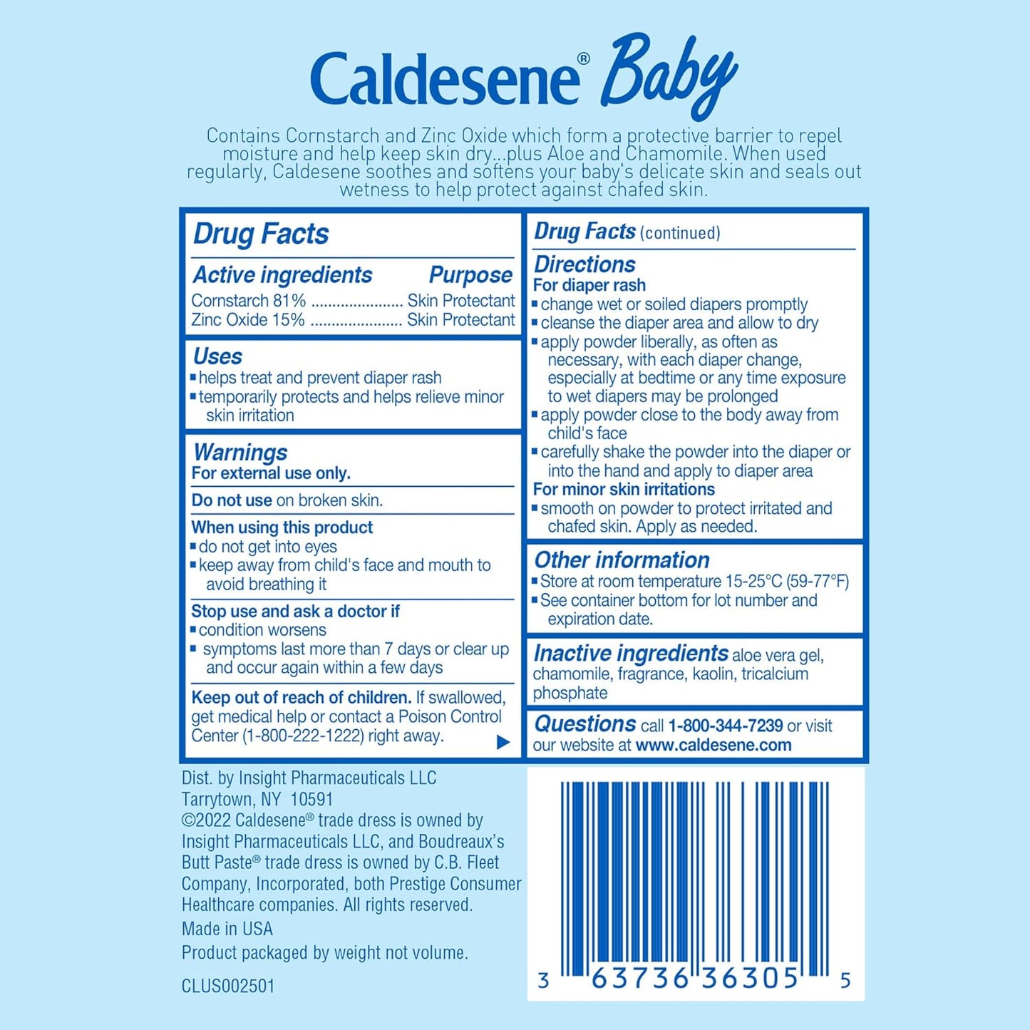 Caldesene Baby Cornstarch Powder Plus Skin-Soothing Aloe and Chamomile 142g