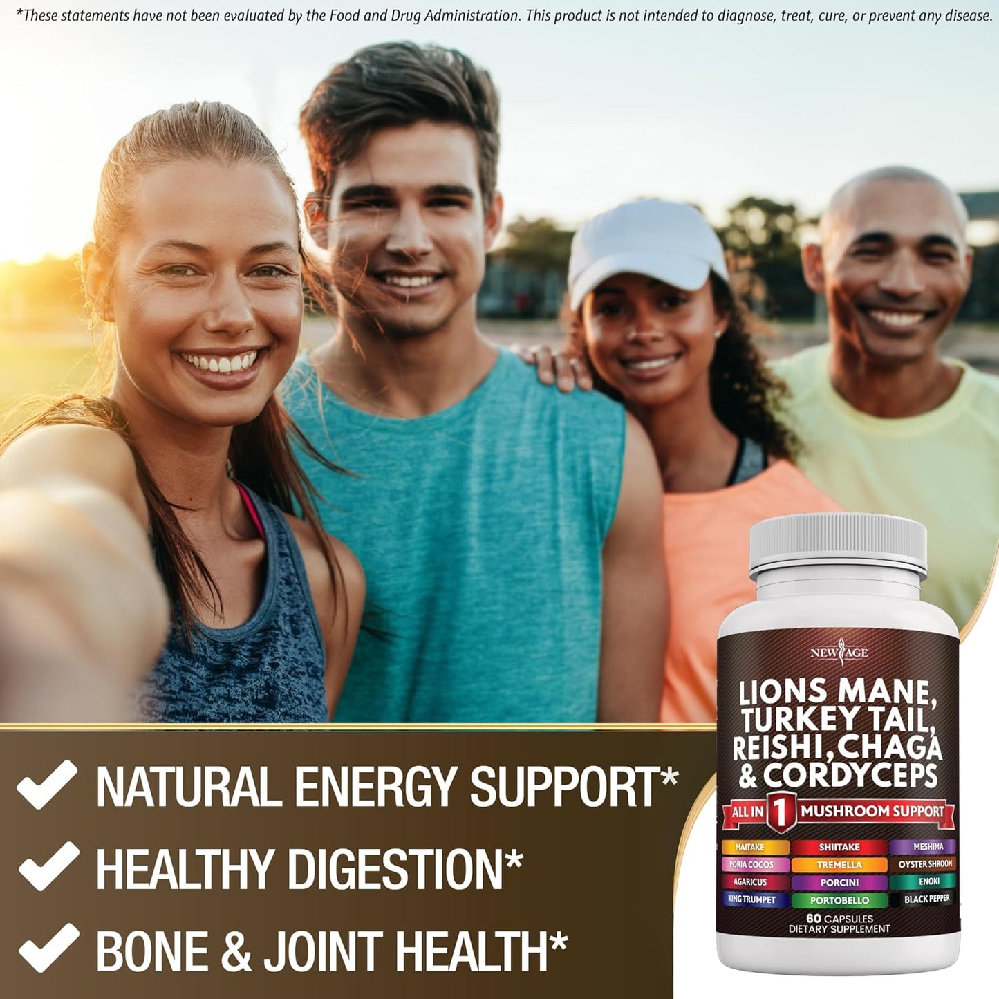 New Age Lions Mane, Turkey Tail, Reishi, Chaga & Cordyceps All in 1 Mushroom Support Supplement 60 Capsules