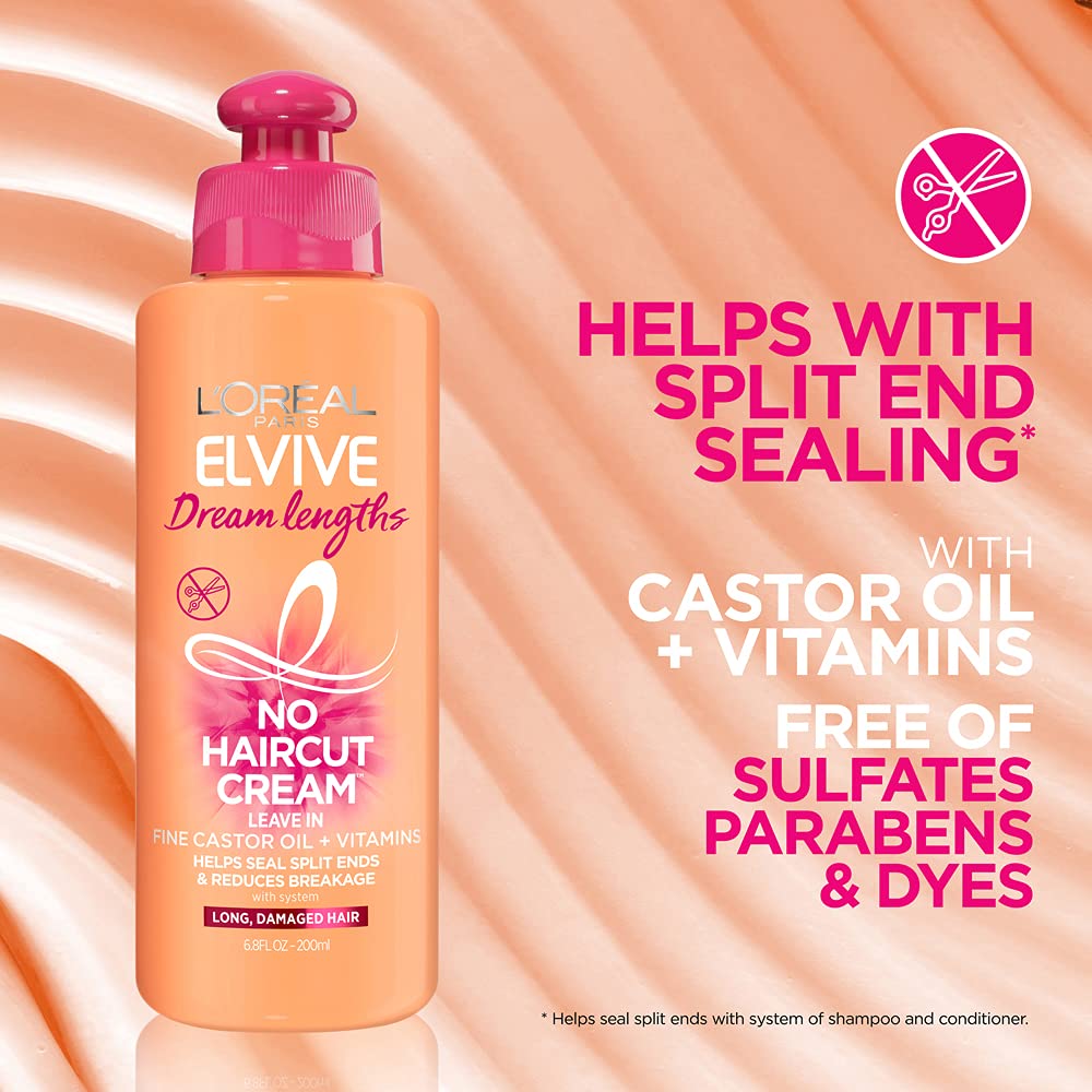 L’Oreal Paris Elvive Dream Lengths No Haircut Cream Leave in Conditioner with Fine Castor Oil &Vitamins,6.8 fl.oz/200ml