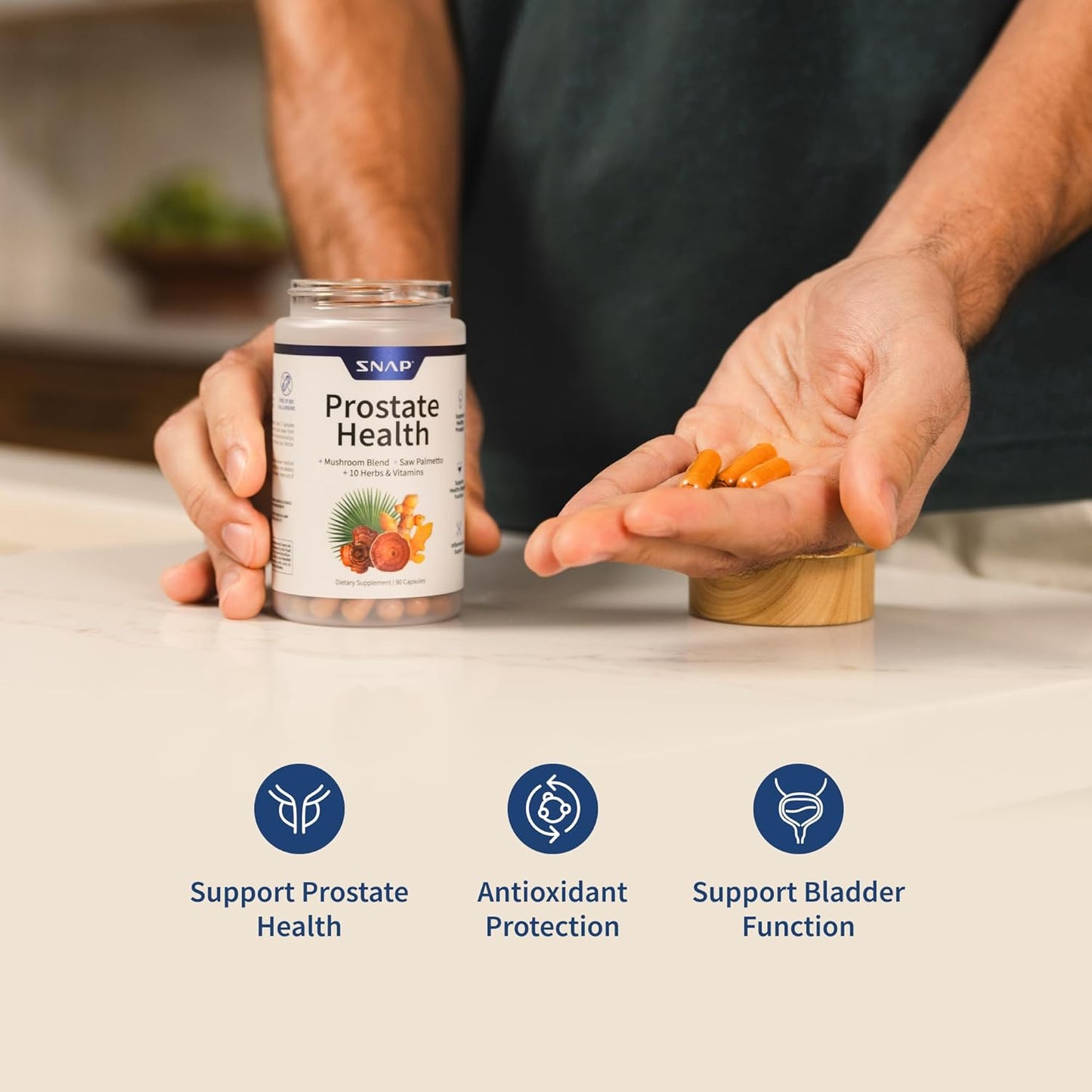 SNAP Prostate Health + Mushroom Blend + Saw Palmetto + 10 Herbs & Vitamins, 90 Capsules