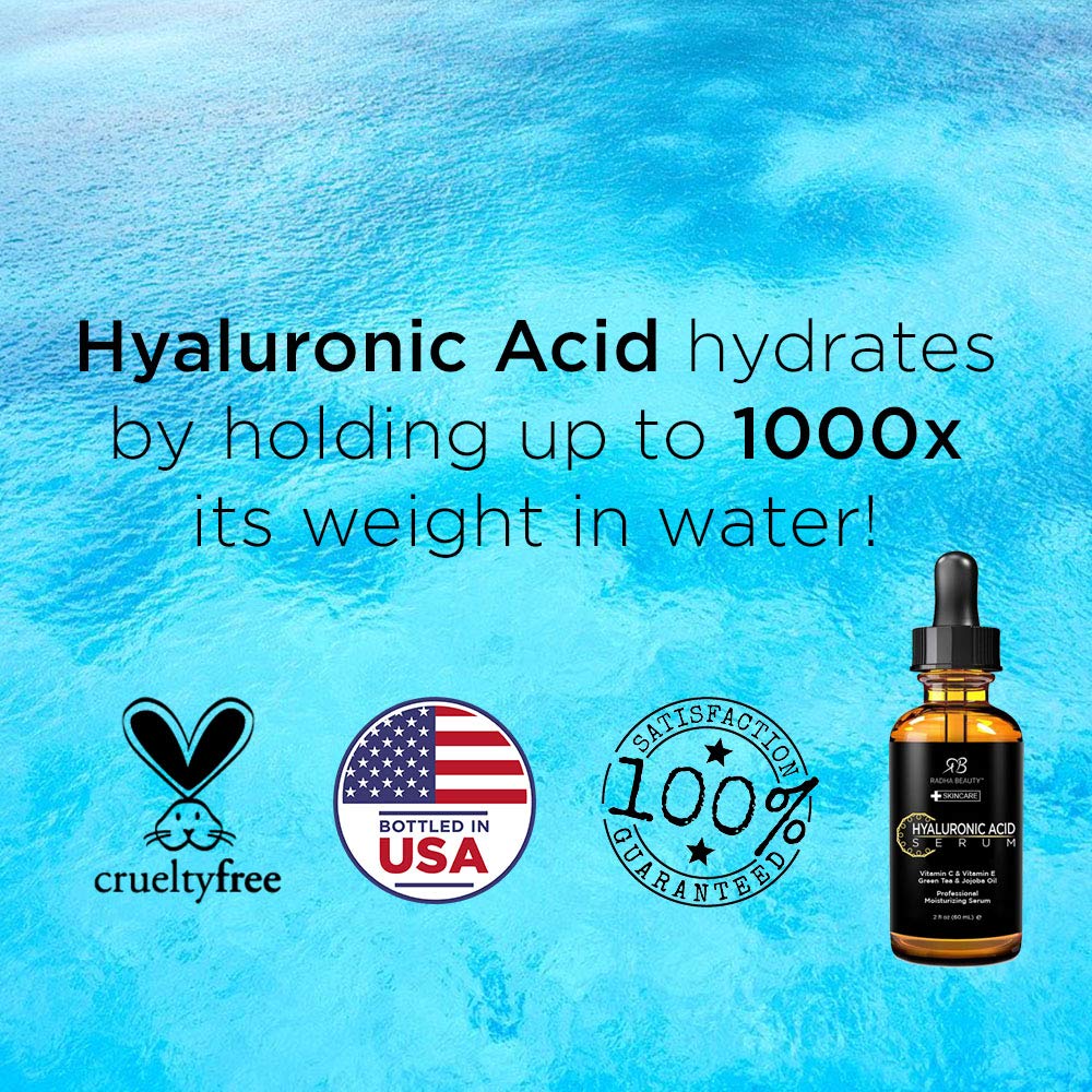 Radha Beauty Hyaluronic Acid Serum Infused with Vitamin C & E, Green Tea & Jojoba Oil, 2 fl.oz / 60ml