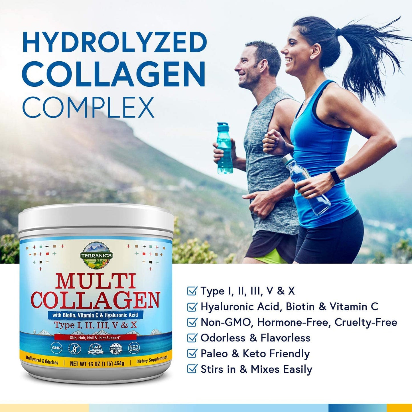 Terranics Multi Collagen with Biotin Vitamin C & Hyaluronic Acid Type I II III V & X Dietary Supplement 16 Oz