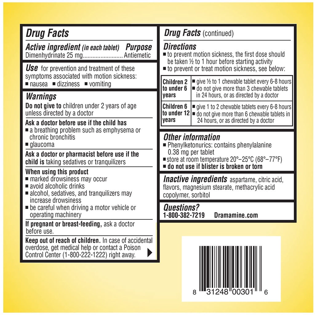 Dramamine Motion Sickness Relief for Kids, Grape Flavor, 8 Chewable Tablets PACKAGING MAY VARY