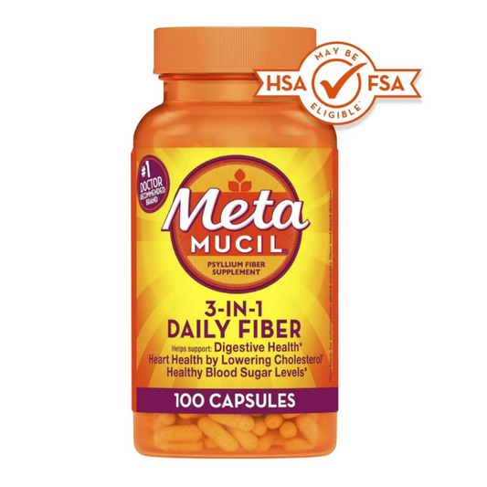 Metamucil 3-In-1, Psyllium Fiber Supplement, Multiple-Health Benefits (100 Capsules) PACKAGING MAY VARY