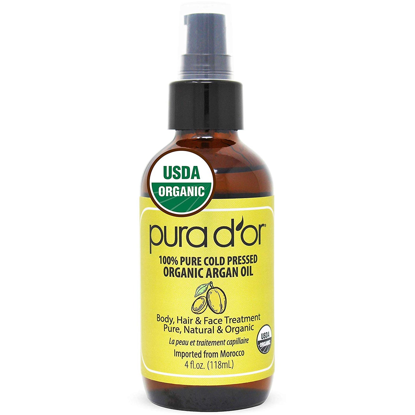 PURA D'OR 100% Pure Organic Morrocan Argan Oil 4 fl.oz