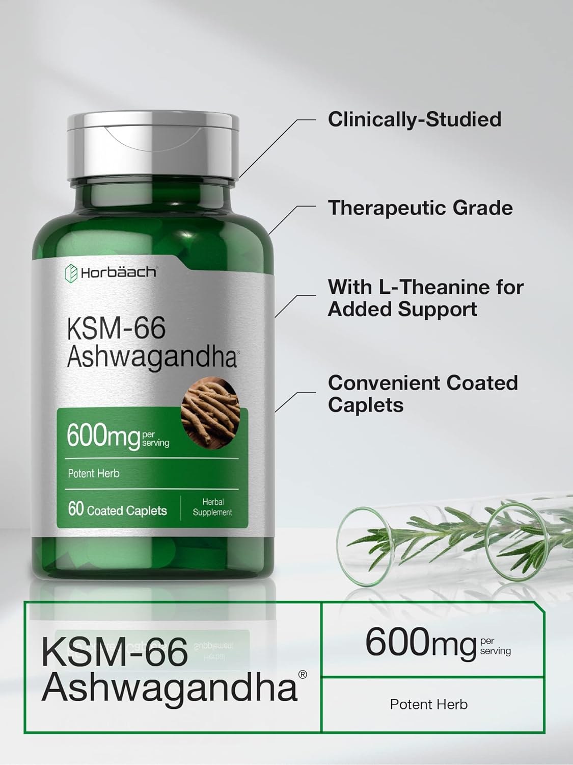 Horbaach KSM-66 Ashwagandha 600mg Potent Herb 60 Coated Caplets