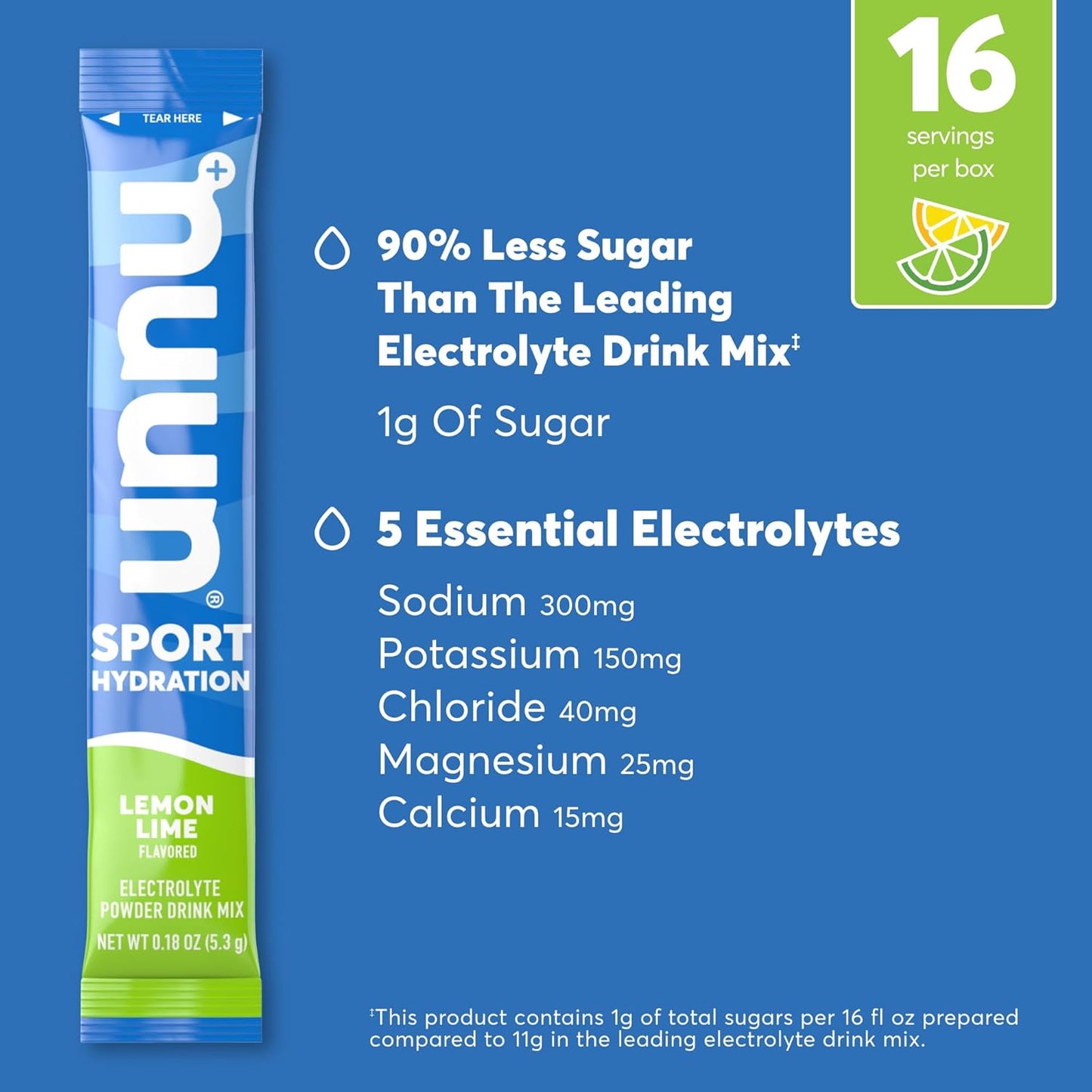 Nuun Sport Hydration Electrolyte Powder Drink Mix, Lemon Lime Flavored, 16 Sticks, 2.9 oz / 84.8g
