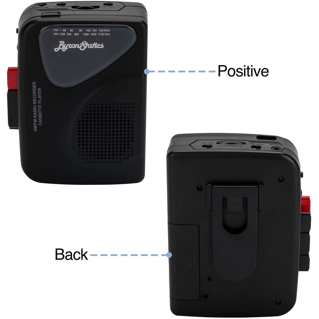 Byron Statics Portable Cassette Player AM/FM Radio Recorder, 2AA Battery/USB Power Supply, Black