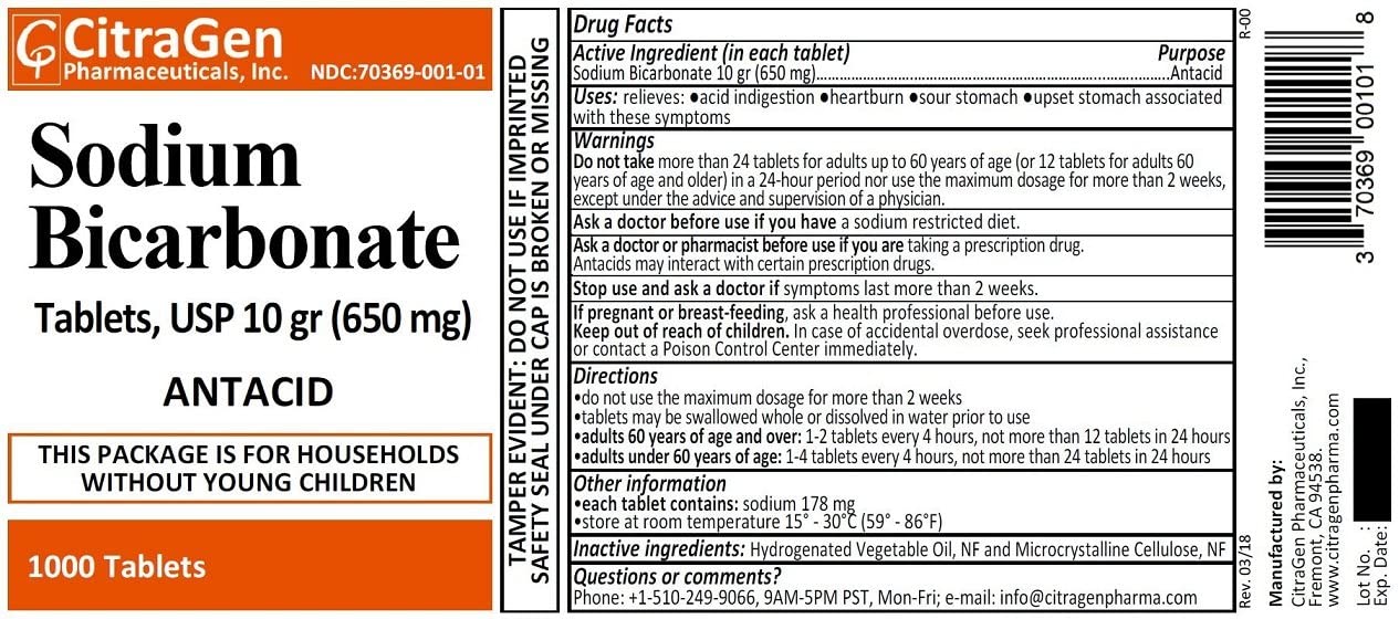 Citragen Sodium Bicarbonate Tablets, USP 10 gram (650 mg) Antacid, 1000 Tablets