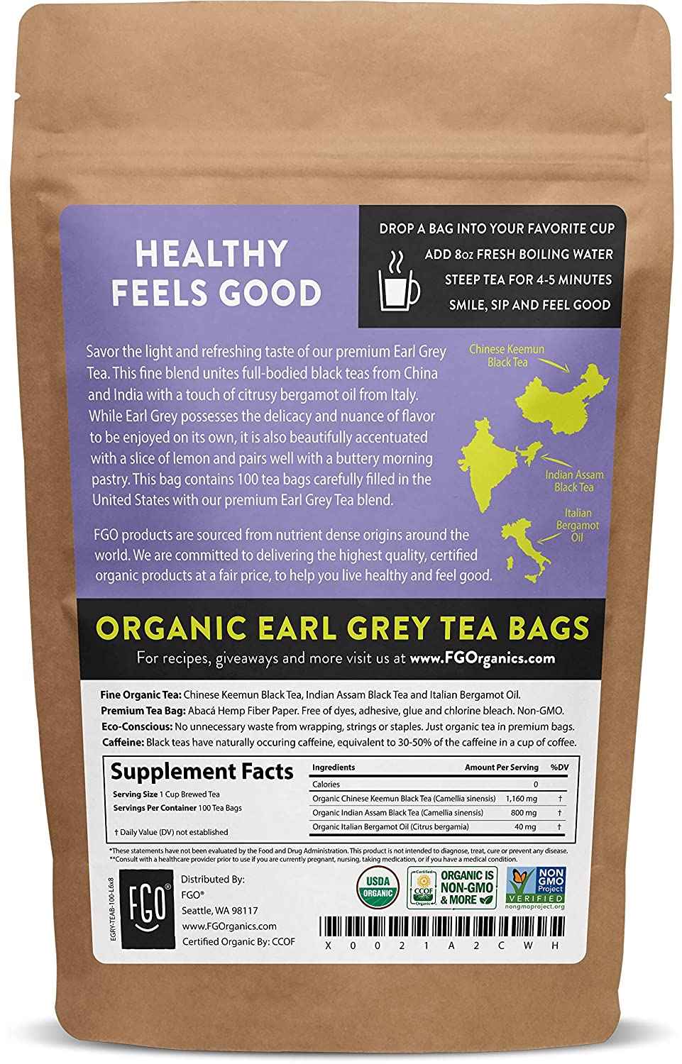 FGO Organic Earl Grey Black 100 Tea Bags Chinese Keemun, Indian Assam and Italian Bergamot Blend