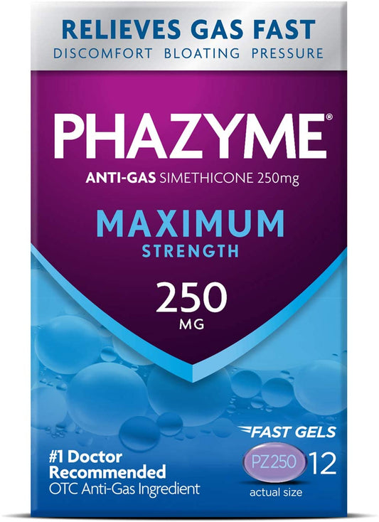 Phazyme Maximum Strength Gas and Bloating Relief 250mg, 12 Fast Gels [NO BOX]