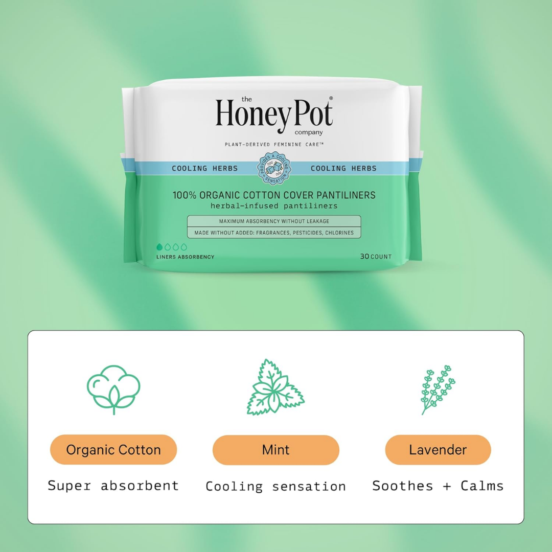 The Honey Pot Company Plant-Derived Feminine Care Cooling Herbs 100% Organic Cotton Cover Pantiliners 30 Count
