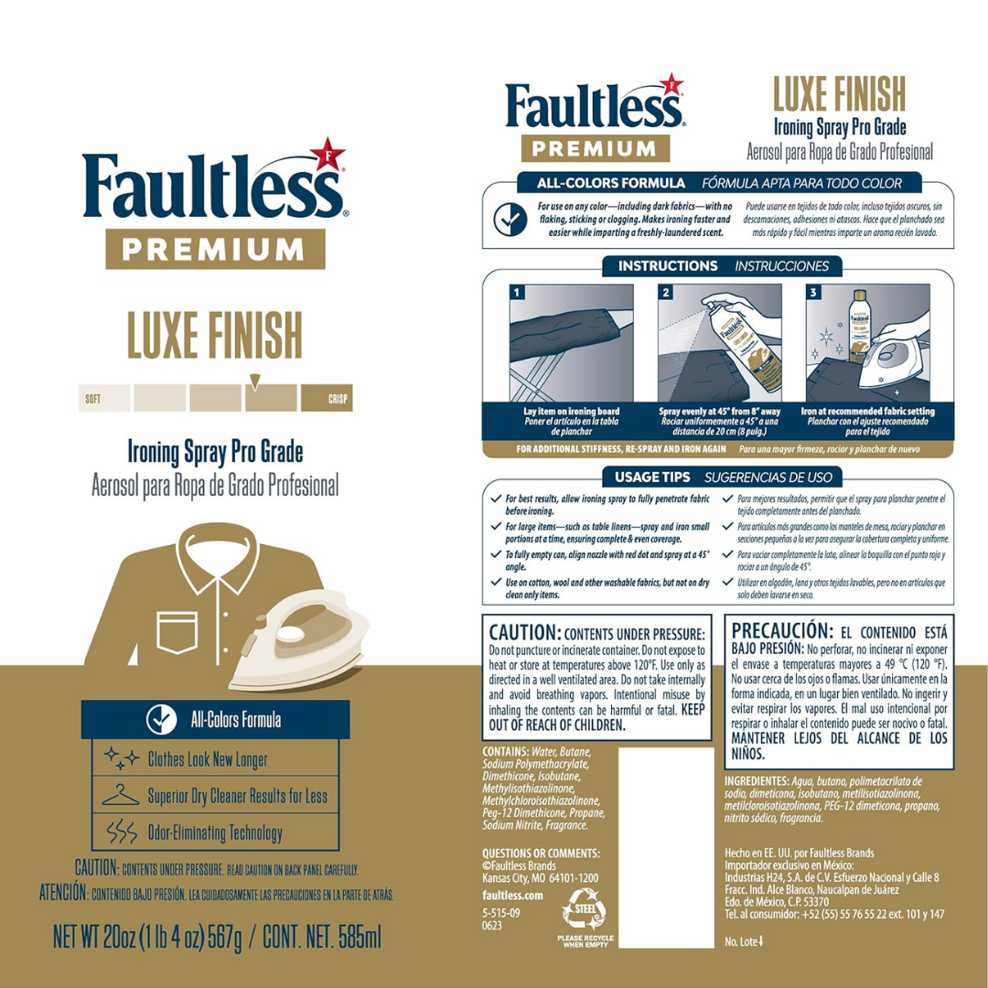 Faultless Premium Luxe Finish Ironing Spray Pro Grade, 20 oz / 567 g