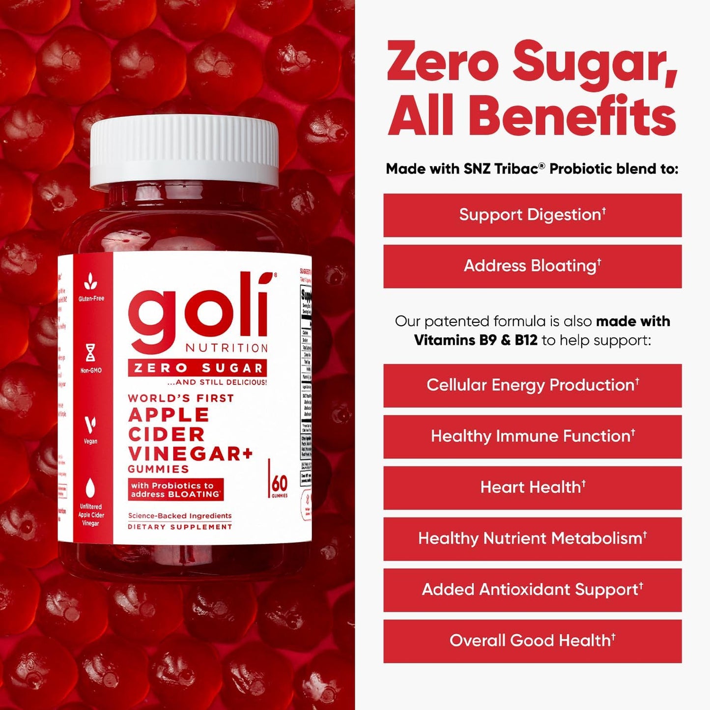 Goli Nutrition Zero Sugar World's First Apple Cider Vinegar Gummies, 60 Gummies